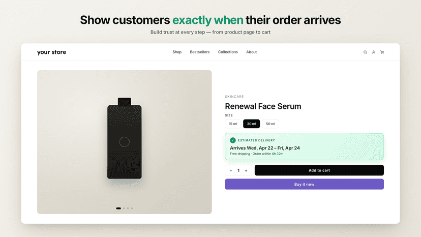 Product page showing estimated delivery date and timeline