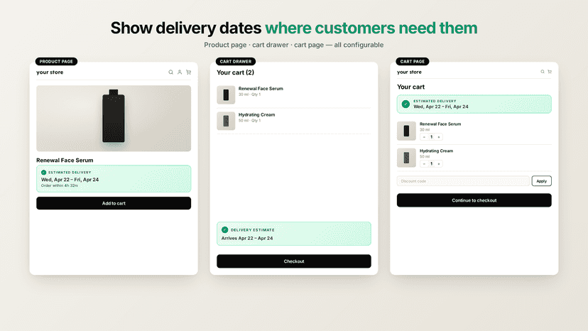 Delivery date on product page, cart drawer, cart page