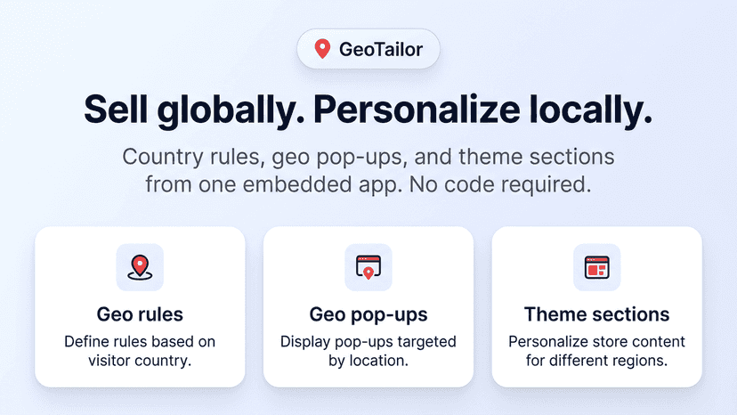 GeoTailor hero: headline plus rules, pop-ups, theme sections.