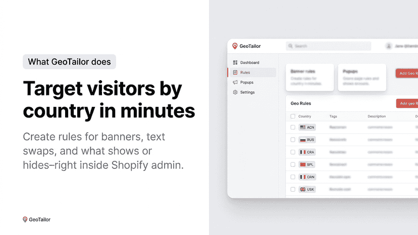Stylized admin UI for geo rules and country targeting.