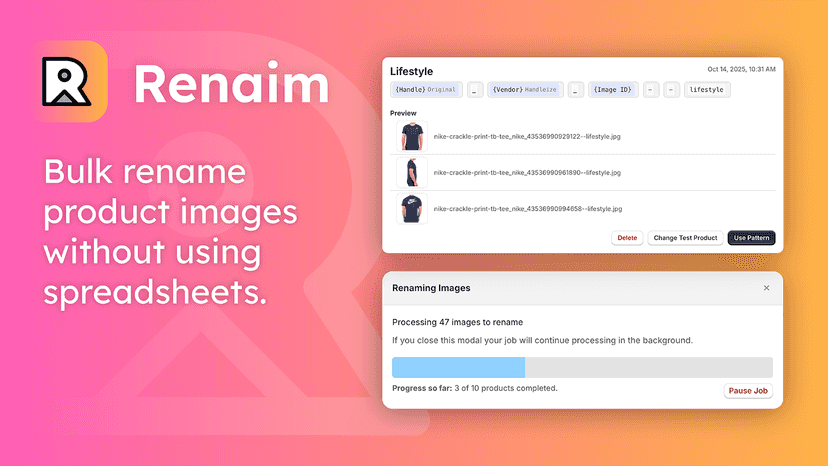 Screens showing a saved pattern, and image renaming progress