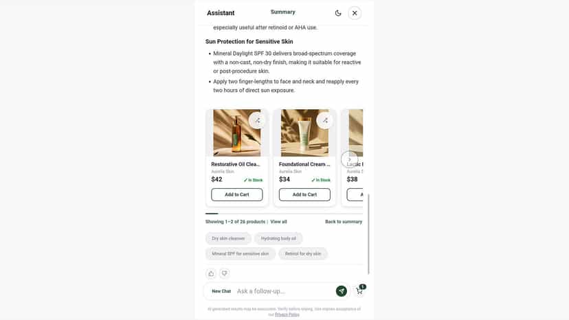 AI assistant on mobile showing product picks with Add to Cart