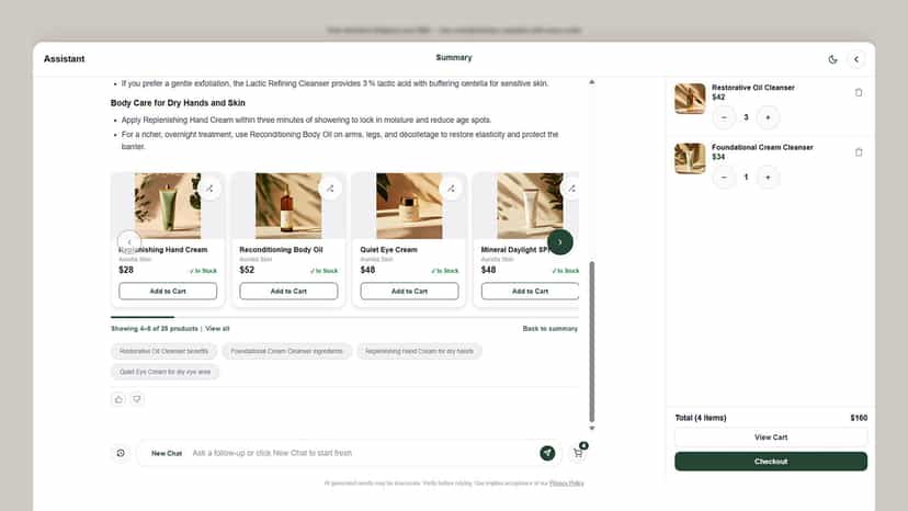 AI product recommendations with add-to-cart and cart panel