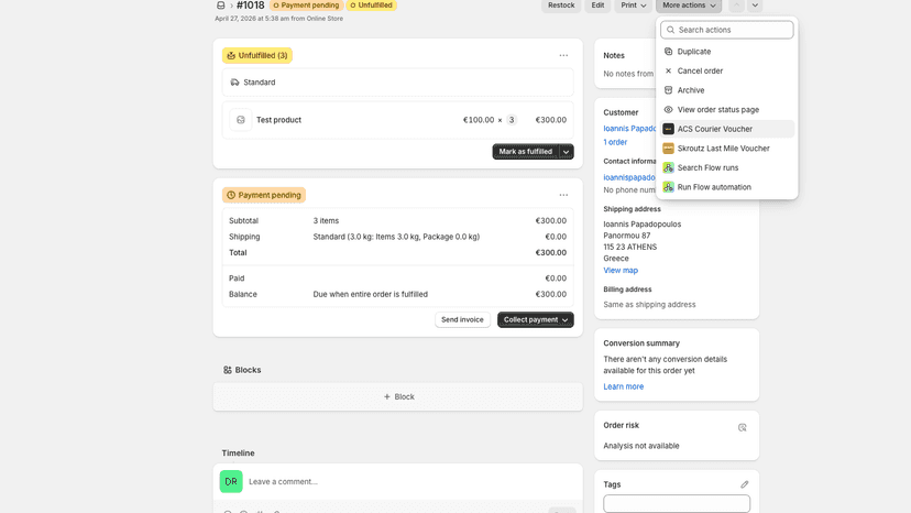 Manage ACS Courier shipments and fulfillment in Shopify