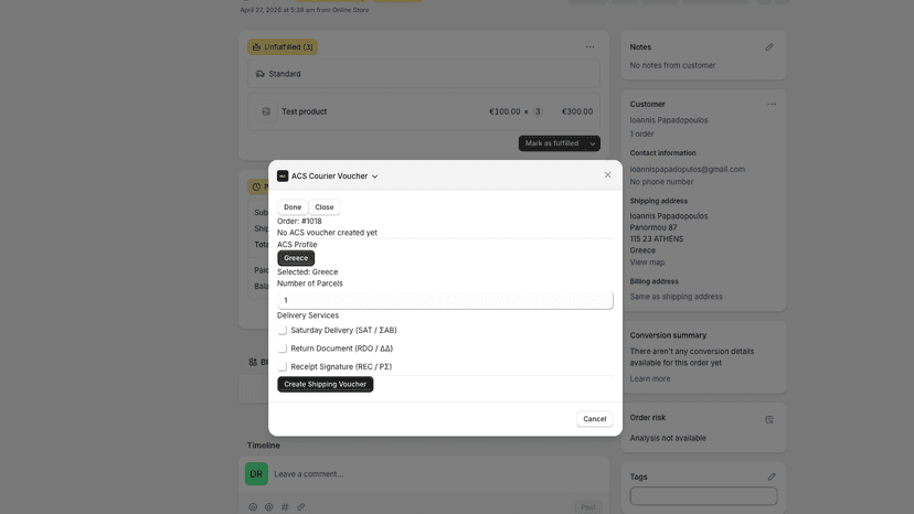 Create ACS Courier vouchers directly from Shopify orders