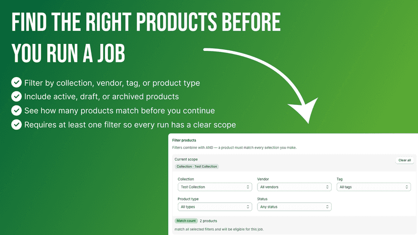 filters for collection, vendor, tag, type, status.