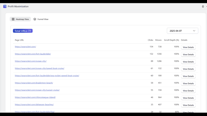 View page-wise clicks, moves and insights in a clean data table.