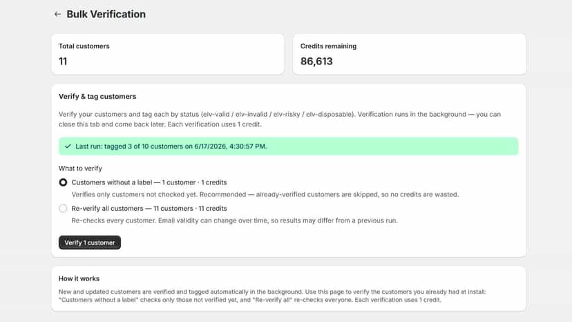 Bulk verification of a customer list