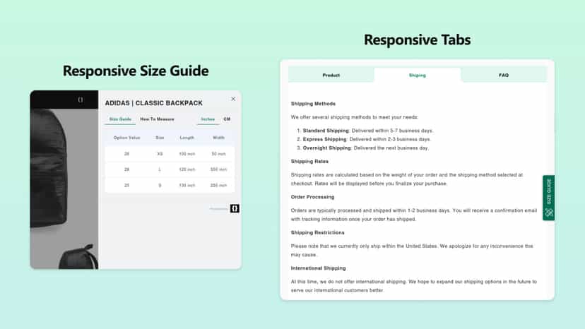 Customizable Responsive Size Chart On Product Page