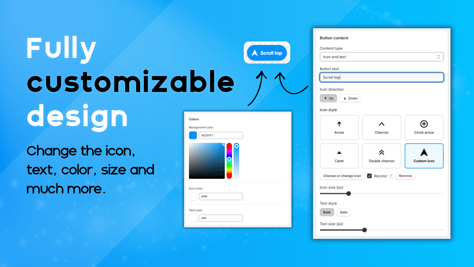 Customization panel showing colors, text and icon options