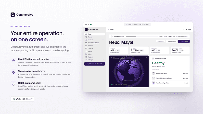 Home page with orders, revenue and live shipments