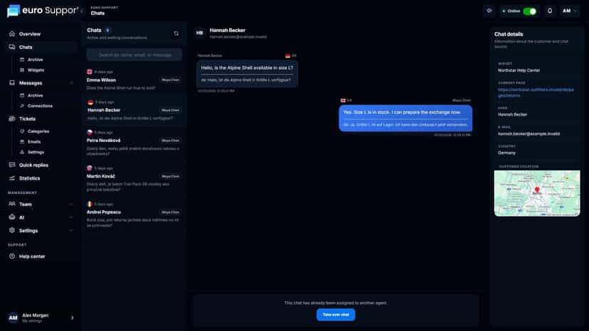 German live chat translated into English for a support agent
