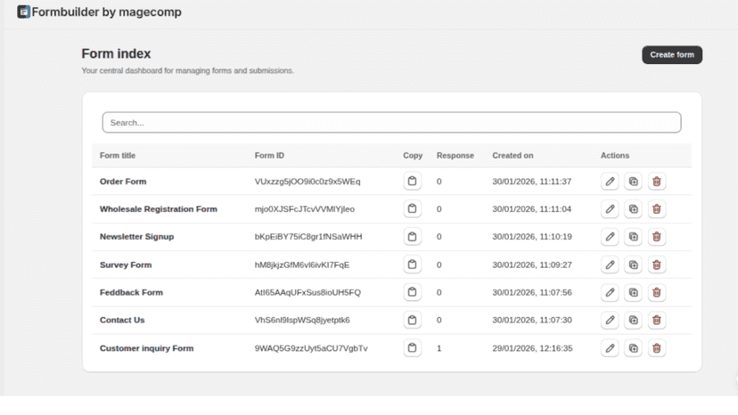 Form index lists forms, responses, edit, delete, duplicate