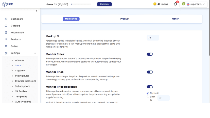 Configure your selling preferences for us to monitor