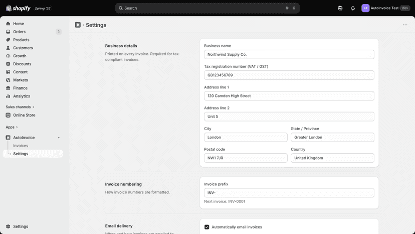 Settings: business name, VAT/GST number and address