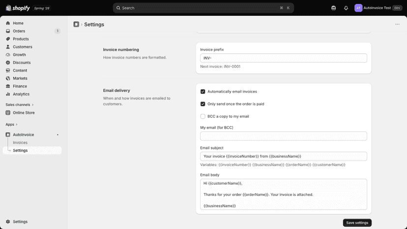 Settings: automatic email delivery and templates