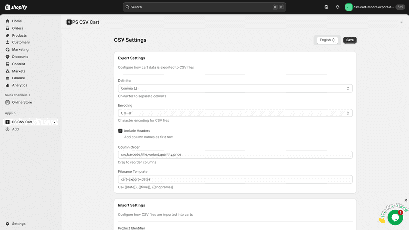 csv cart upload and download app settings screen