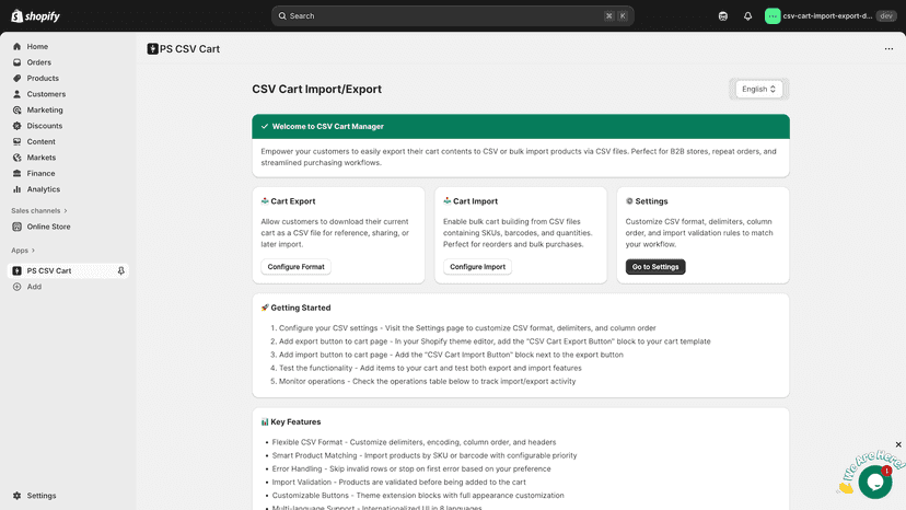 csv cart upload and download app home screen