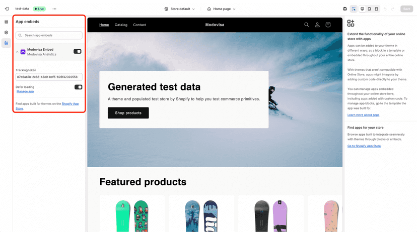 Theme > App embeds > Paste in your Modovisa tracking token>Save