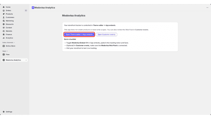 App page, click on Open Theme editor → App embeds.