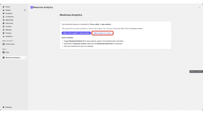App page > Open Customer events > Check Web pixel > Connected