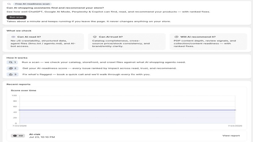App home: free AI-readiness scan and recent reports