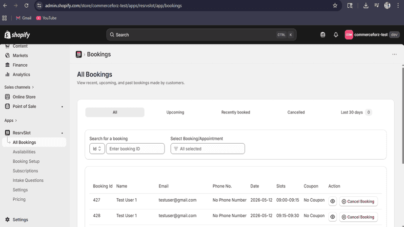 Booking management dashboard for merchants