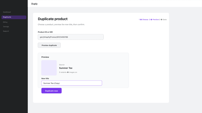 Duplicate flow: product ID, preview title, confirm copy