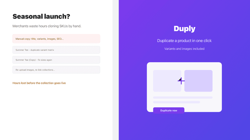Manual copy vs one-click duplicate with variants in Duply