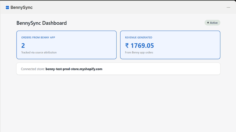 BennySync dashboard showing orders and revenue from the Bennyapp