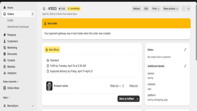 Order placed through Benny app showing source attribution in ord