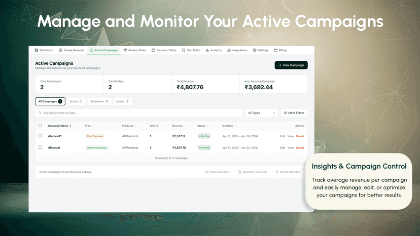 Active campaigns page to manage volume, BOGO, and cart discounts