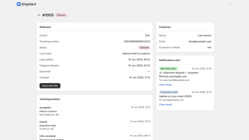 Order detail: tracking timeline and customer emails sent