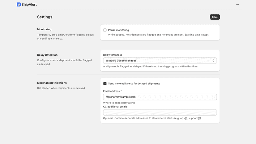 ShipAlert settings for delay threshold and alert emails
