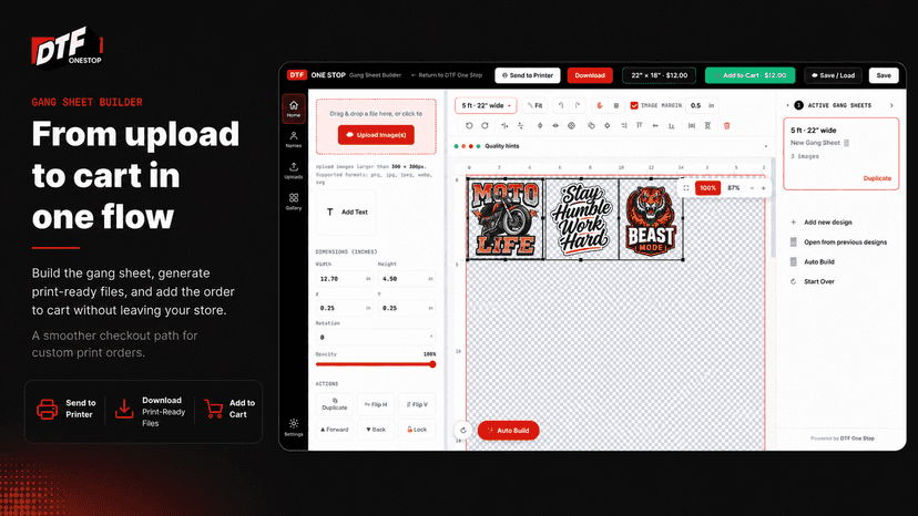One flow from artwork upload to add to cart