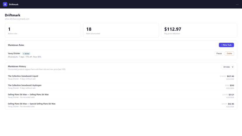 Driftmark dashboard showing active markdown rules
