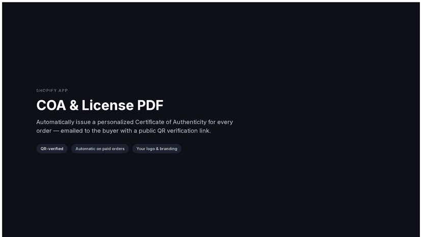 Certificate dashboard for the COA & License PDF app