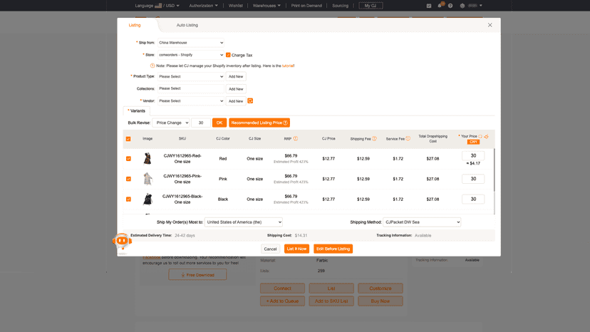 Estimate costs and list products to your stores.