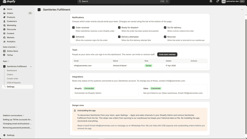 Settings panel with team, integrations, and preferences