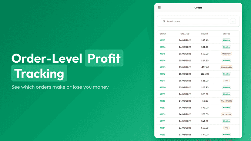 Mobile order list with profit and status per order