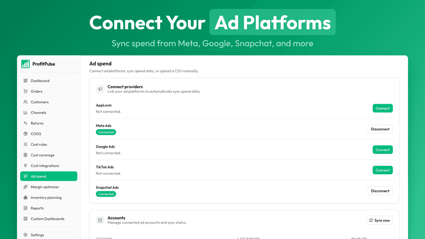 Ad platform integrations for Meta, Google, and Snapchat