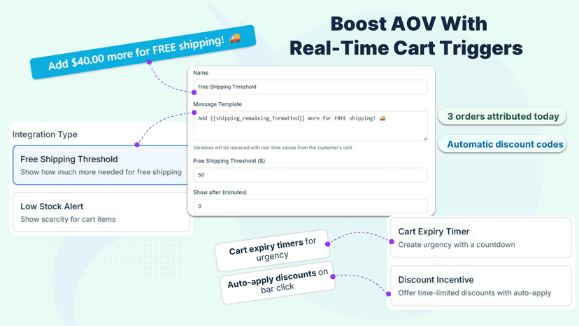 Cart integration setup showing free shipping threshold
