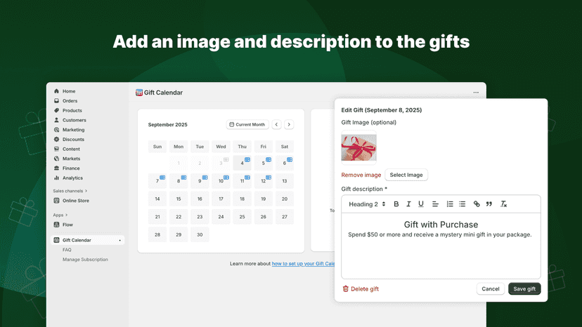 Add an image and description to the gifts