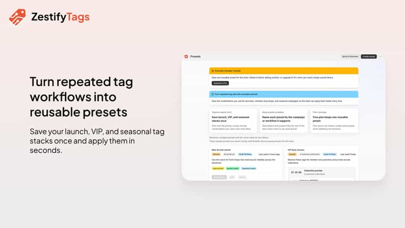 Reusable tag preset interface for saving tag workflows.