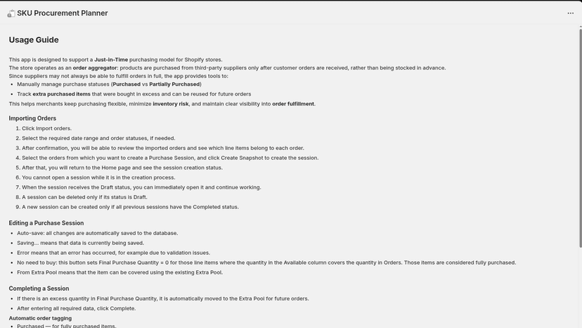 Usage guide page