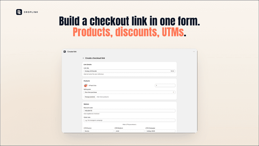 Create Link form filled in with subscription and UTMs