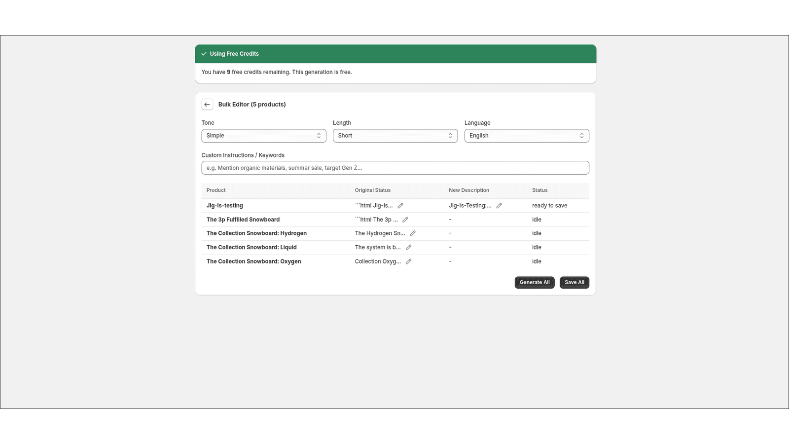 App settings and credit usage dashboard for billing management