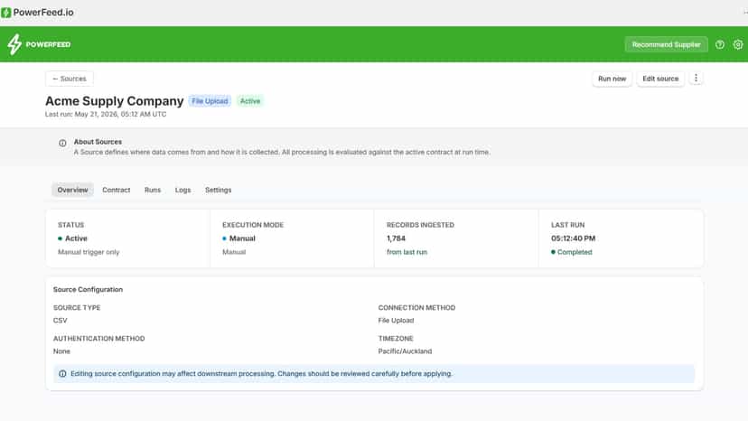 View source status, records, runs, and configuration