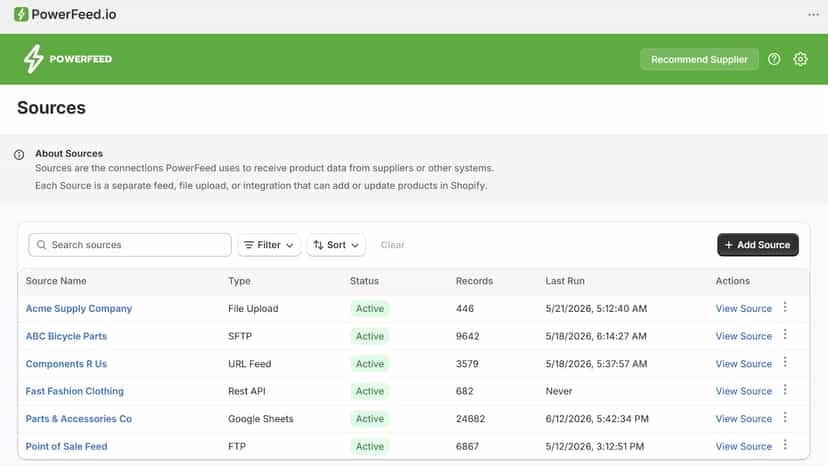 Manage all product sources from one clear dashboard