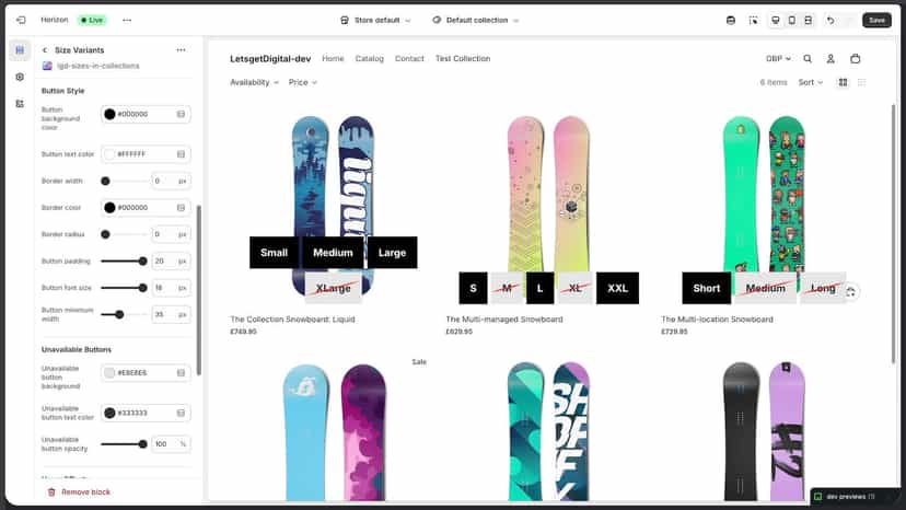 size options in collections for shopify horizon screenshot 3